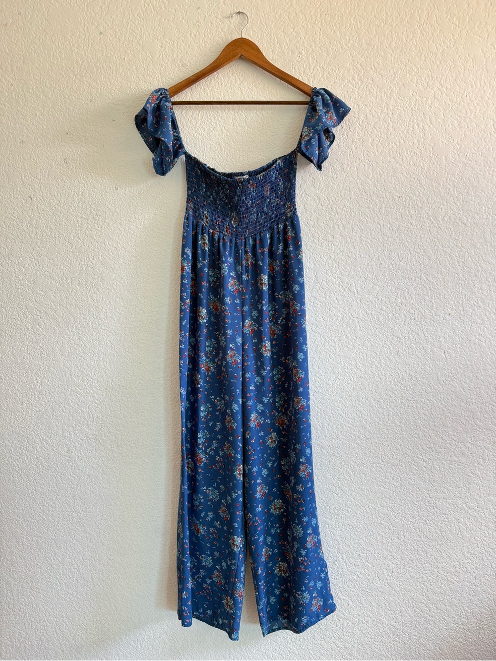 Blue Floral Smocked Jumpsuit